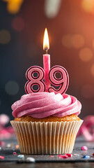 Birthday cupcake with burning lit candle with number 89. Number eighty-nine for eighty-nine years or eighty-ninth anniversary.