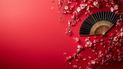 A red background with a black fan and pink flowers