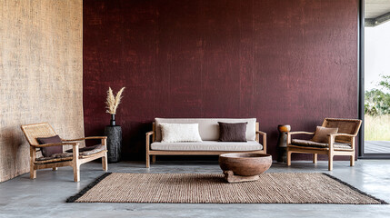 eclectic Scandinavian interior with bold burgundy wall and curated decor