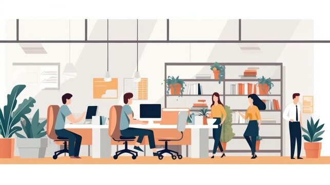 A modern office setting where people work collaboratively, surrounded by plants and organized workstations, fostering a creative environment.