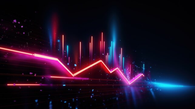 Dynamic neon arrows and abstract elements illuminate a dark background, creating a bright and electrifying visual impact.