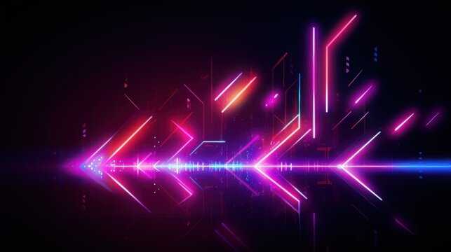 Vibrant neon arrows and geometric shapes illuminate a dark background, creating a dynamic and futuristic visual.