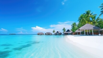 Fototapeta premium A Maldives island with pristine white sands, clear turquoise waters, and overwater bungalows offers an idyllic scene of a perfect tropical paradise.