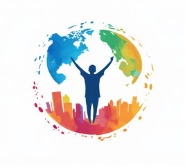 Vibrant silhouette celebrating earth day with colorful world map and city skyline, emphasizing global unity and environmental awareness