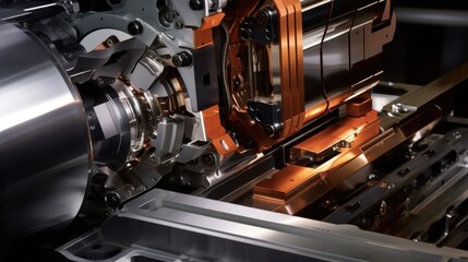 Gleaming, intricate machinery showcases its reflective metallic and copper components, embodying precision engineering and advanced technology.