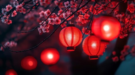 Red lanterns and cherry blossoms in a romantic, festive setting, illuminated in warm red hues.