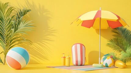 Summer vacation concept, Beach umbrella and travel accessories on yellow background, 3d illustration. 