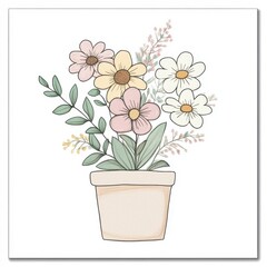 Naklejka premium A decorative illustration of flowers in a pot, showcasing a soft and artistic design.