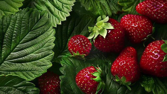 Close up of fresh strawberry fruit background with leaves, top view. Photorealistic high resolution macro photography for advertising or food design.