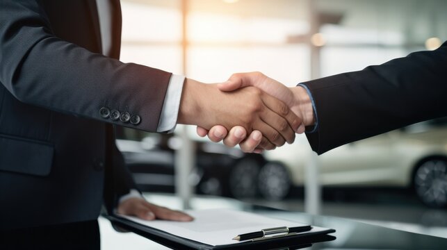 A professional handshake signaling a successful deal at a dealership, symbolizing trust and business partnership.