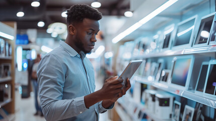 Handsome Young Man Shopping for a Tablet in a Home Electronics Store. Manager is checking device