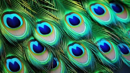 Close-up of vibrant peacock feathers with intricate patterns and iridescent colors highlighting the stunning beauty of nature.