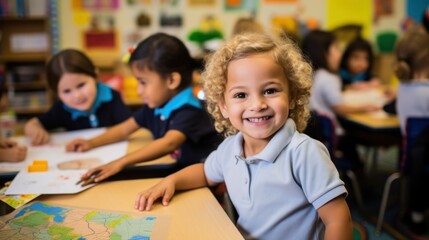 Fototapeta premium A cheerful child in a classroom filled with peers, showcasing enthusiasm and curiosity while engaging in learning activities.