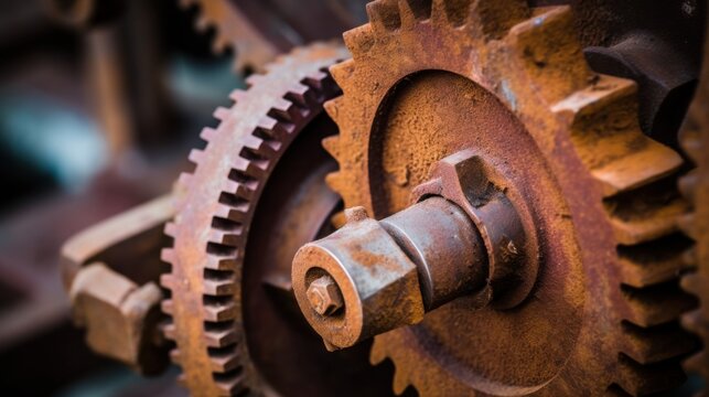 A close-up of rusted industrial gears, revealing intricate details and textures within an old, weathered machine, evocative of history and mechanics.