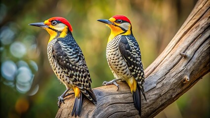 Obraz premium Yellow crowned woodpeckers on tree in wildlife sanctuary during safari