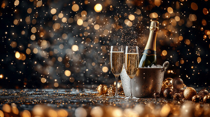 Celebrate the season with this elegant champagne display, featuring chilled bubbles and sparkling bokeh lights—ideal for Christmas and New Year’s festivities, motive cards and new year wishes