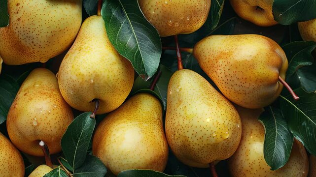 Close up of fresh yellow pear fruit background with leaves, top view. Photorealistic high resolution macro photography for advertising or food design.