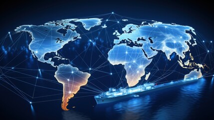 An illustrative ship navigates across a digitized world map, symbolizing global connectivity and international trade routes.