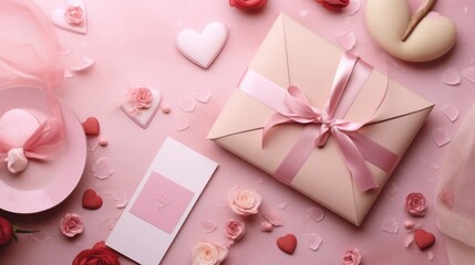 An elegant pink flat lay featuring lollipops, heart-shaped decorations, and a gift box, evoking a sense of sweetness and romance.