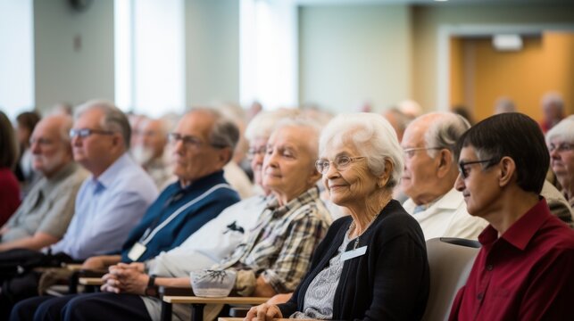 An attentive audience of seniors sits in a spacious, well-lit room, focusing on a presentation or speaker, exemplifying engagement and community spirit.