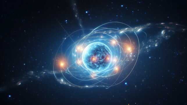 A radiant, glowing artistic depiction of an atom, surrounded by swirling particles set against a cosmic backdrop.