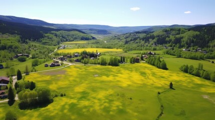 Obraz premium A lush green meadow adorned with vibrant yellow flowers stretches out, surrounded by rolling hills and scattered houses under a bright, clear sky.