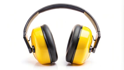 Yellow hearing protectors reducing loud noise eye level