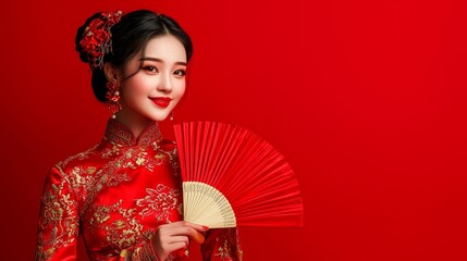 Asian woman in a red cheongsam with a red fan, embodying tradition and elegance against a red background.