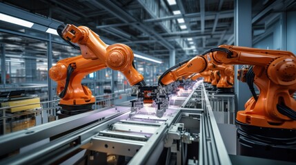 Advanced robotic arms operate with precision in a high-tech manufacturing environment, showcasing the pinnacle of automation and engineering.