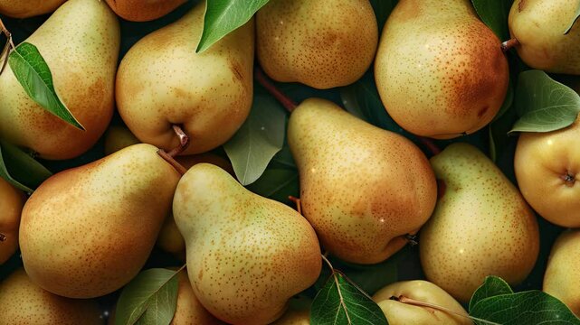 Close up of fresh yellow pear fruit background with leaves, top view. Photorealistic high resolution macro photography for advertising or food design.