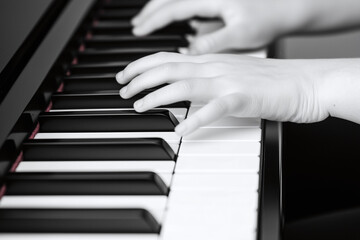 Fototapeta premium close-up of child's hands on piano keys with teacher guiding, music lesson