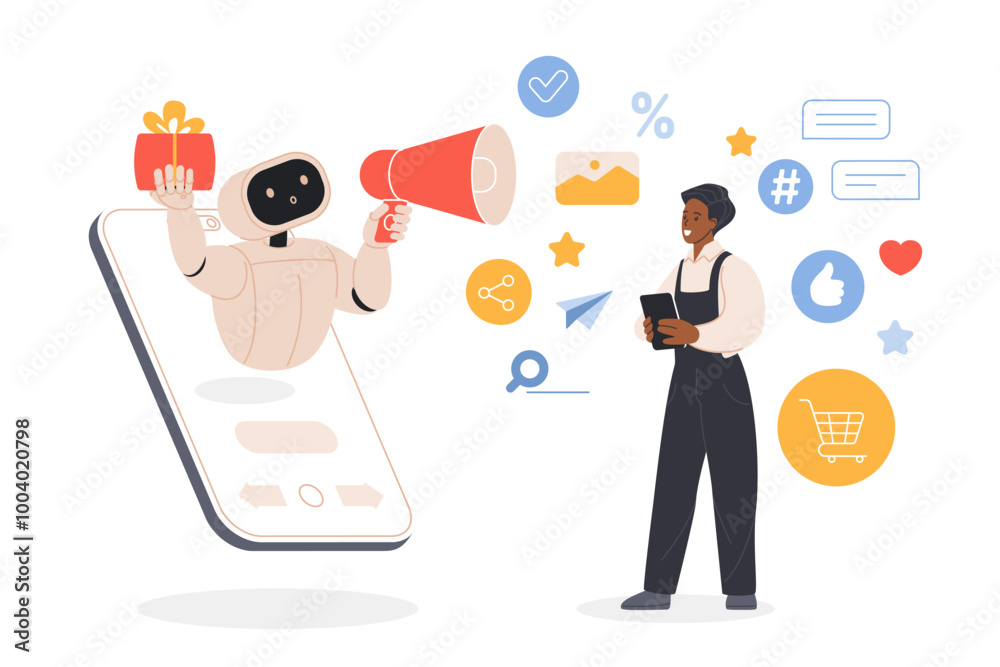 Poster social media marketing automation with ai service and chatbot. tiny man and robot assistant with meg