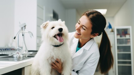 A woman in a white coat shares a joyful moment with a happy dog in a veterinary clinic, highlighting care and companionship.