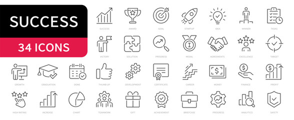 Success simple line icons set. Goal, growth, award, achievement symbol. Editable stroke. Vector