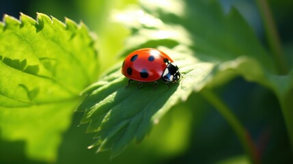 Fototapeta premium A vibrant red ladybug with black spots is perched on a lush green leaf, basking in the gentle sunlight.