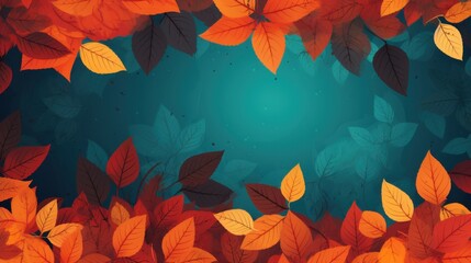 A stunning pattern of autumn leaves in shades of orange, red, and gold creating a vibrant frame against a turquoise background.