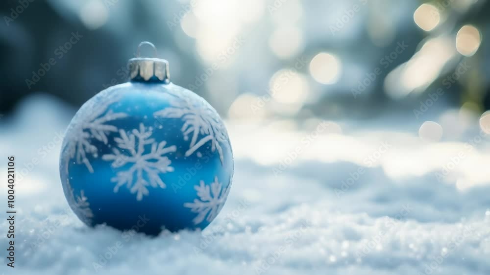Poster Blue christmas bauble with white snowflake designs rests on a snow covered surface with a snowy forest in the background. The sunlight creates a bokeh effect in the background