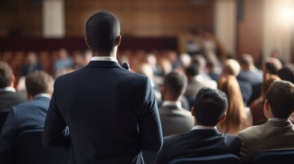 Fototapeta premium A speaker faces an attentive audience seen from behind, capturing the dynamic interaction and engagement in a professional setting.