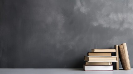 A stack of books rests on a table against a textured, dark gray background, evoking a sense of knowledge and study.