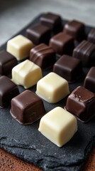 Fototapeta premium Dominostein: Chocolate Confectionery filled with layered Lebkuchen, Gingerbread, apricot jelly, marzipan or persipan. Traditional German, Austrian Christmas chocolates, Milk, dark, white chocolate.