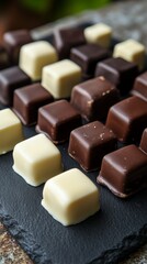 Dominostein: Chocolate Confectionery filled with layered Lebkuchen, Gingerbread, apricot jelly, marzipan or persipan. Traditional German, Austrian Christmas chocolates, Milk, dark, white chocolate.