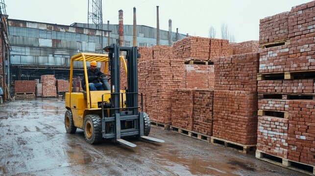 Portable Forklift working in red bricks storage factory