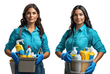 Beautiful brunette in cleaning lady apron holding cleaning tools cut out and isolated on transparent background set. Young woman holding tools and cleaning supplies in bucket.