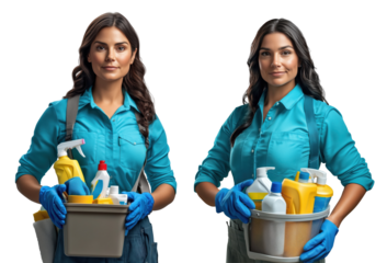 Beautiful brunette in cleaning lady apron holding cleaning tools cut out and isolated on transparent background set. Young woman holding tools and cleaning supplies in bucket.