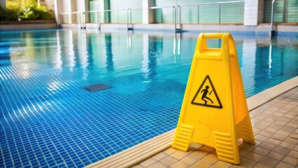 Yellow plastic warning plates being cleaned near the pool, wide-angle shot