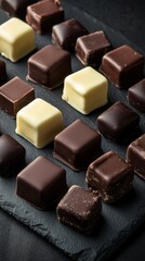 Fototapeta premium Dominostein: Chocolate Confectionery filled with layered Lebkuchen, Gingerbread, apricot jelly, marzipan or persipan. Traditional German, Austrian Christmas chocolates, Milk, dark, white chocolate.