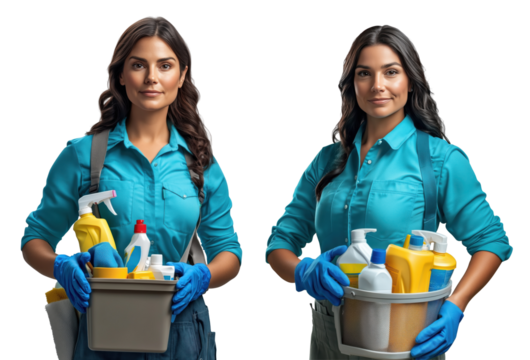 Beautiful brunette in cleaning lady apron holding cleaning tools cut out and isolated on transparent background set. Young woman holding tools and cleaning supplies in bucket.