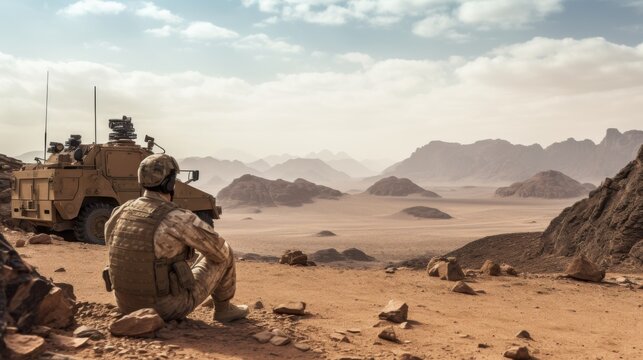 A soldier rests next to a military vehicle, gazing across a vast desert landscape under a calm, clear sky, highlighting resilience and solitude.