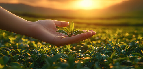 Hand holding tea leaves in a sunlit plantation at sunrise
