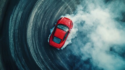 Naklejka premium Aerial top view car drifting diffusion race drift car with lots of smoke from burning tires on speed track, Professional driver drifting car with lots of white smoke.